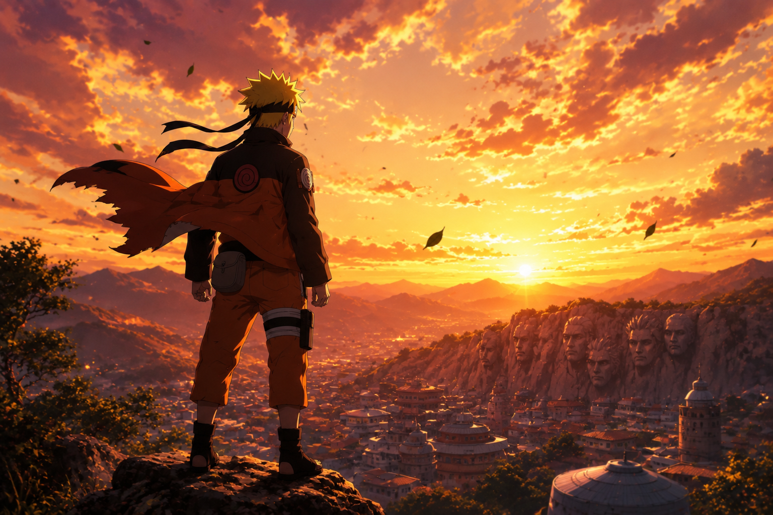 Naruto Uzumaki Standing Over Konoha at Sunset