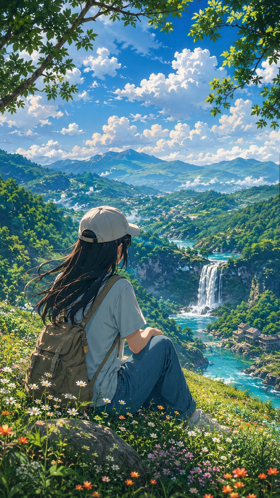 Serenity Beyond the Horizon | Aesthetic Anime Girl in Nature | 4K HD Vertical Wallpaper