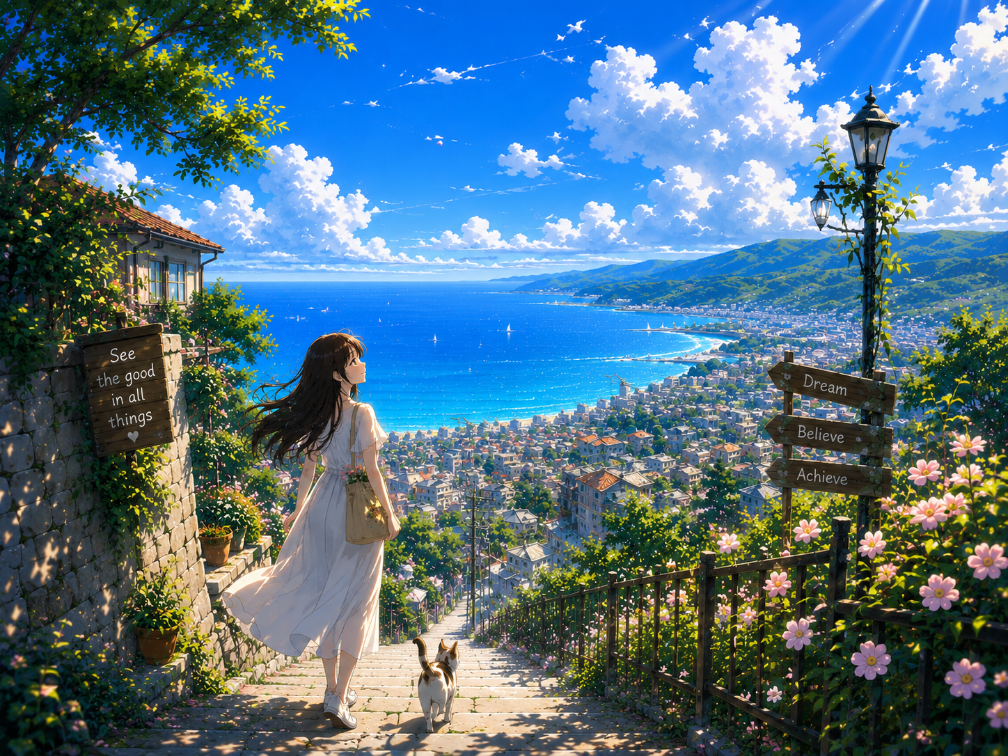 Anime Girl Overlooking Ocean Town Wallpaper