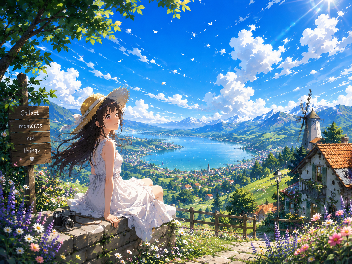 Anime Girl Mountain Lake Wallpaper HD