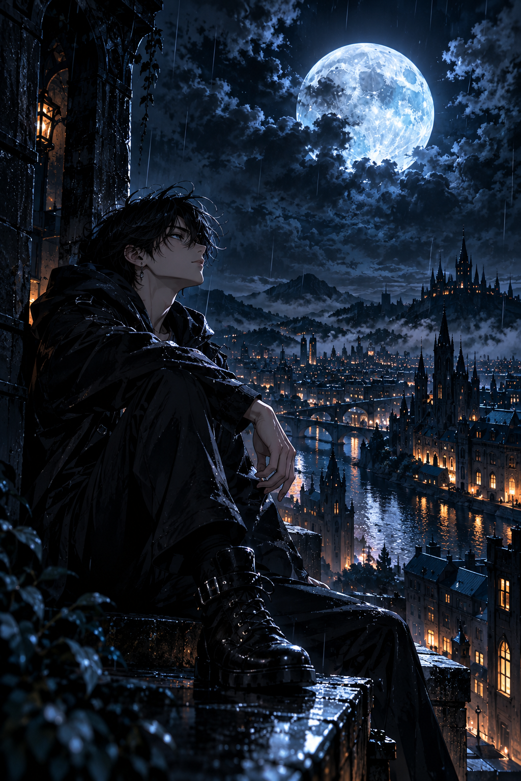 Dark Anime Boy Wallpaper 4K – Moonlit Gothic City