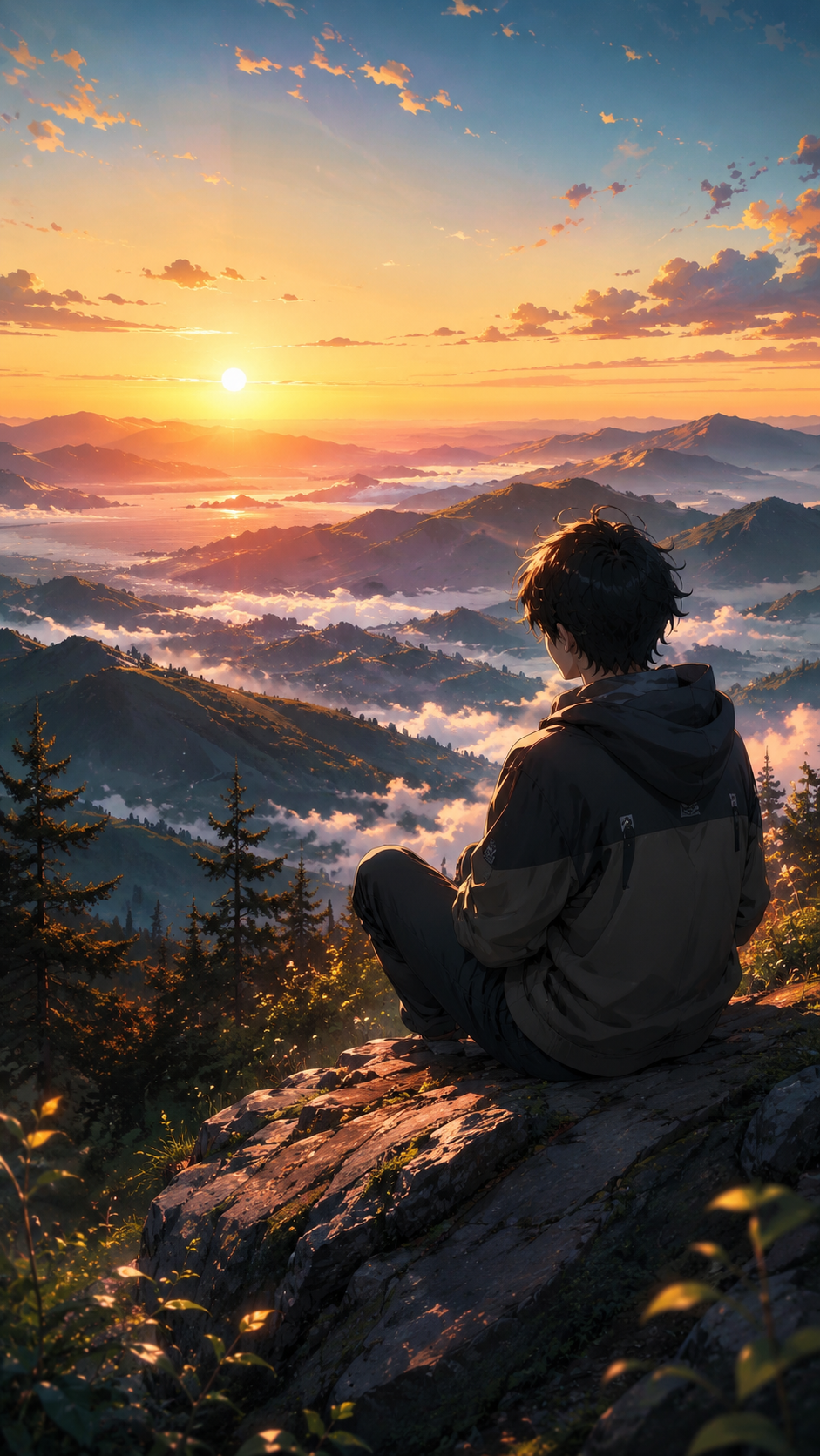 Peaceful Anime Boy Watching Sunrise on Mountain HD Wallpaper (4K Mobile)