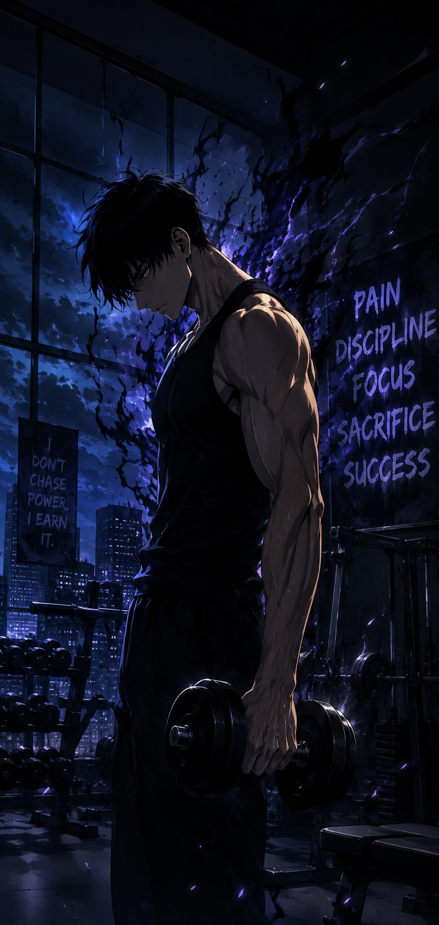 Shadow Warrior Workout Anime Wallpaper (HD) – Cinematic Dark Gym Phone Background
